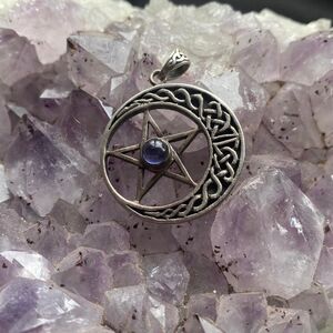 Vintage Stamped Peter Stone Pentacle Crescent Moon Pendant. Signed PSCL 925.